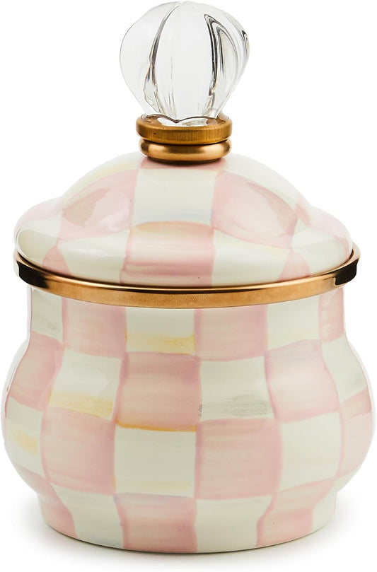 MACKENZIE-CHILDS Enamel Lidded Sugar Bowl, Small Serving Bowl with Lid, 10-Ounce Capacity, Pink-and-White Rosy Check
