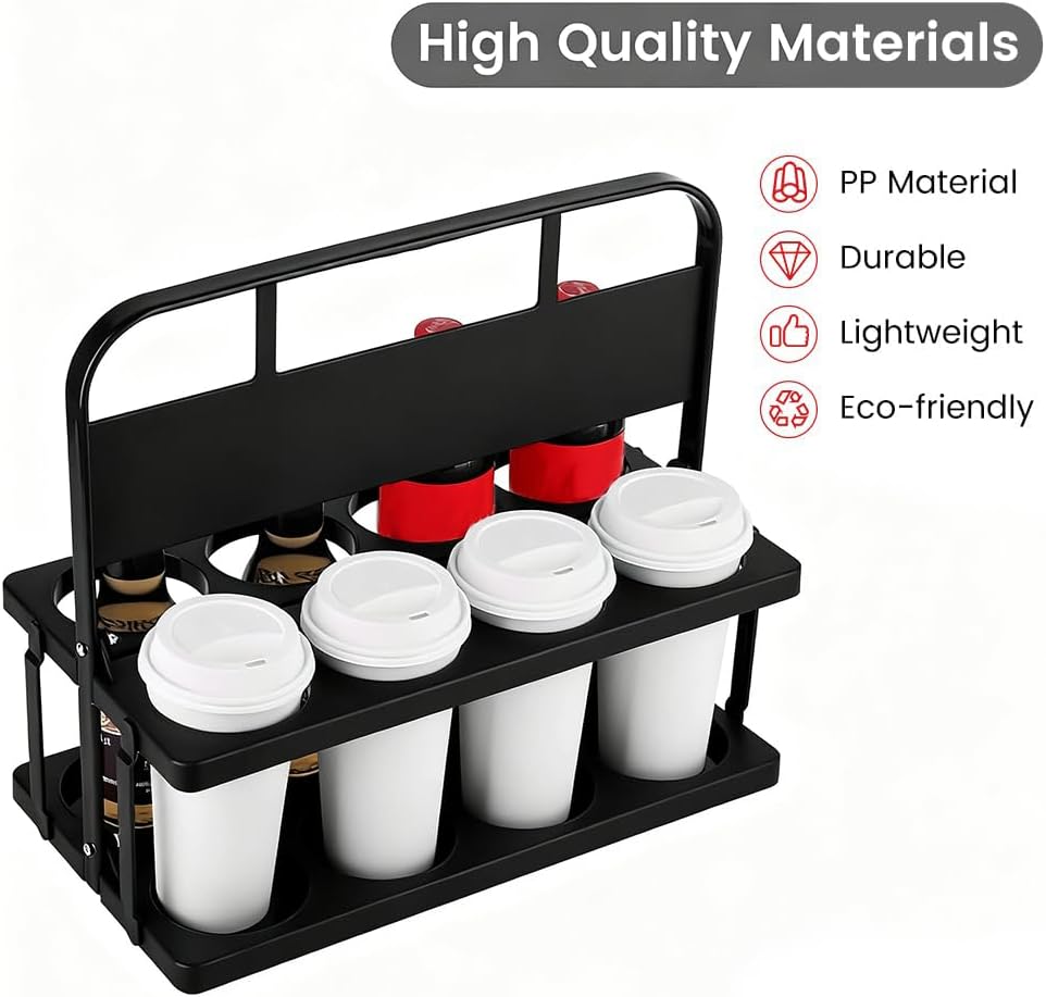 Reusable Drink Carrier with Handle for Doordash, Eats, Grubhub, Portable 8 Cup/Coffee Holder Accessories for Delivery, Foldable Drinks Caddy with Tray, Car Durable Plastic Festive Bottle, Vacation