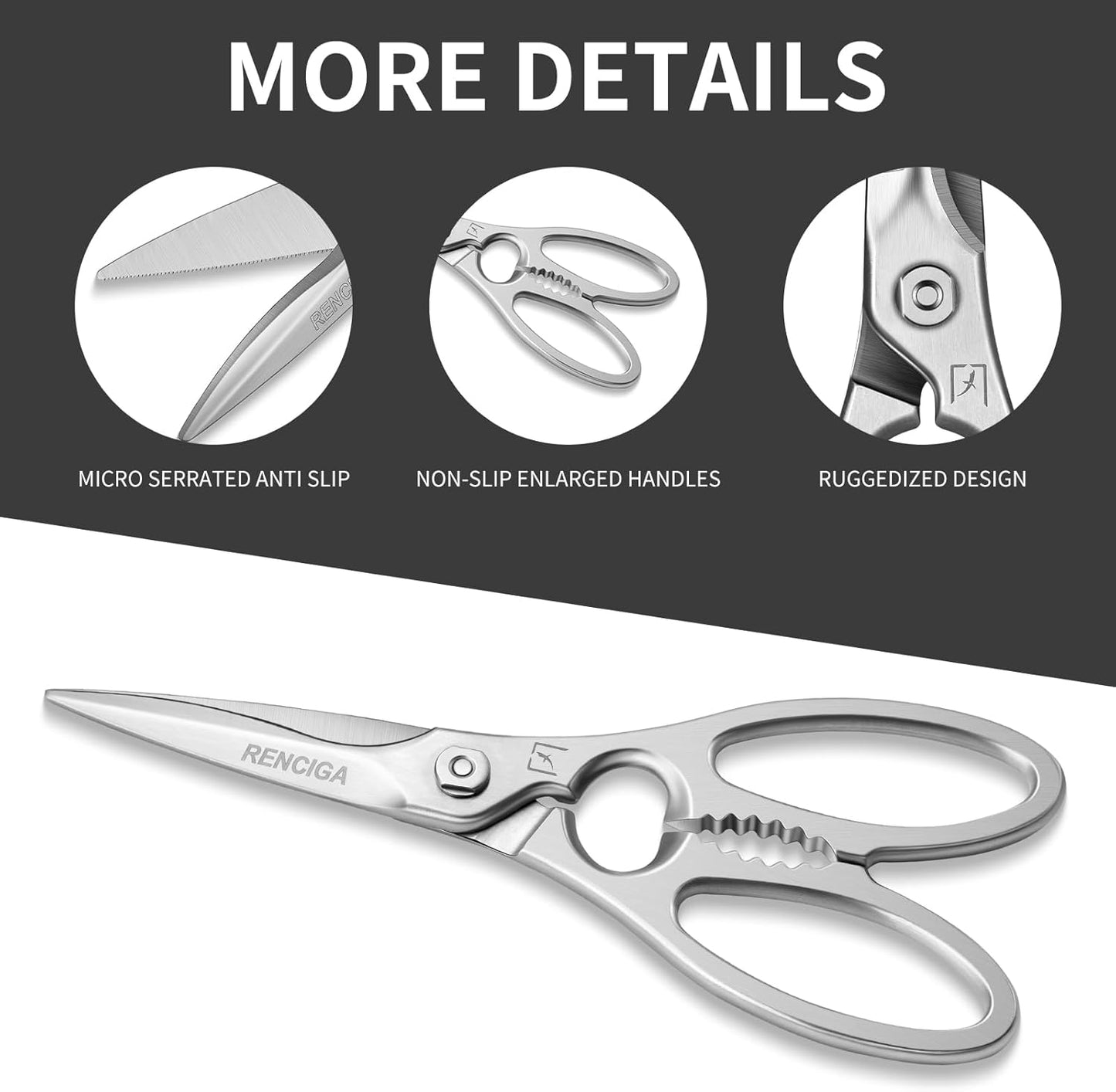 Kitchen Scissors Multi-Purpose Kitchen Shears Micro-serrated Sharp Blade Heavy Duty Stainless Steel Safe Food Scissors for Chicken, Poultry, Fish, Meat & Herbs with Non-Slip Grips