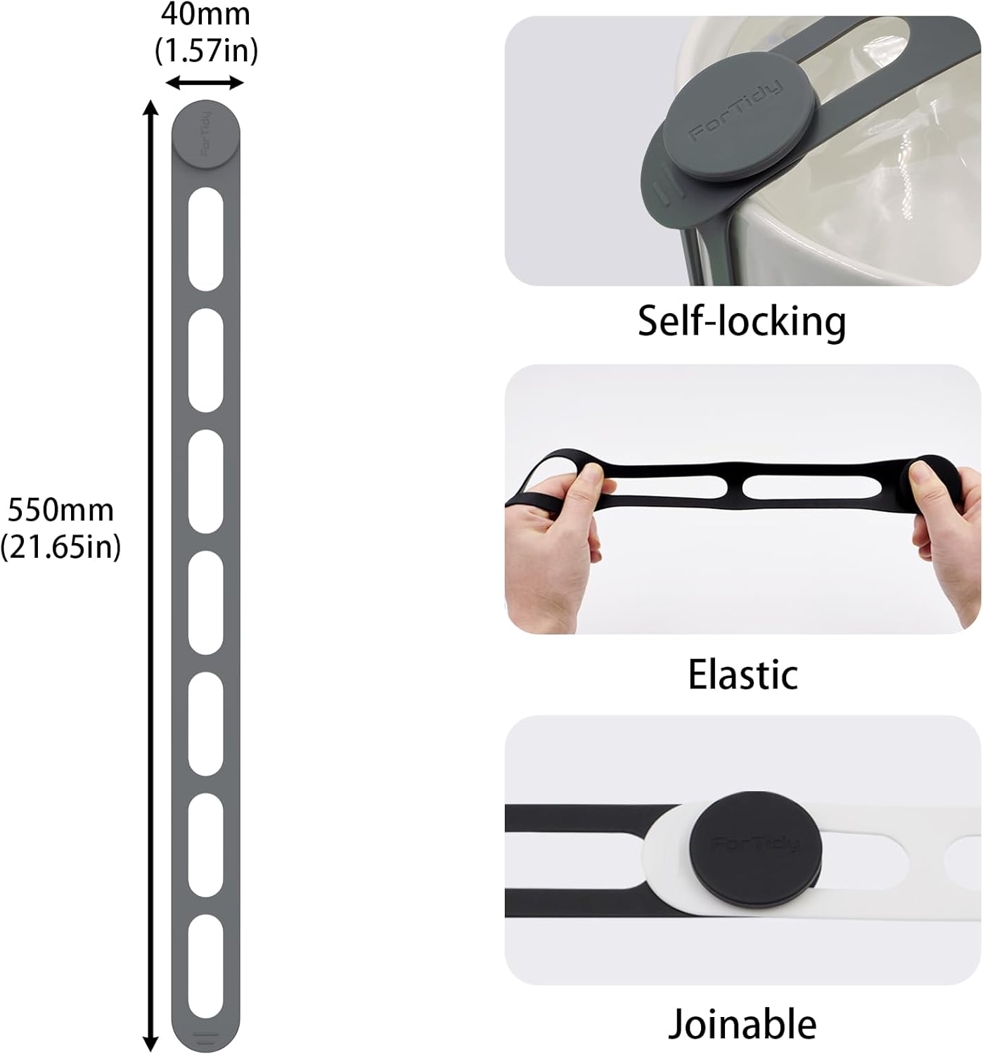 Silicone Utility Strap for Slow Cooker Lid, Pot, Bento Box, 21.65 In Reusable Elastic Self-Lock Silicone Tie for Bundling or Organizing Curtain, Cords, Yoga Mat, Camping Mat, 2pcs (Gray&White)