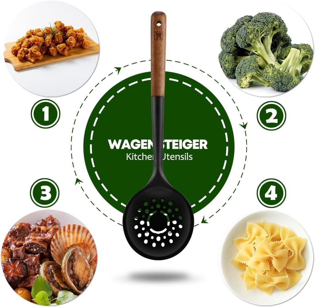Silicon Cooking Skimmer Ladle with Wooden Handle: Slotted Cooking Spoon for Deep Frying Food, Food Separator, Heat Resistant, BPA Free, Gentle Head Design for Non-Stick Cookware