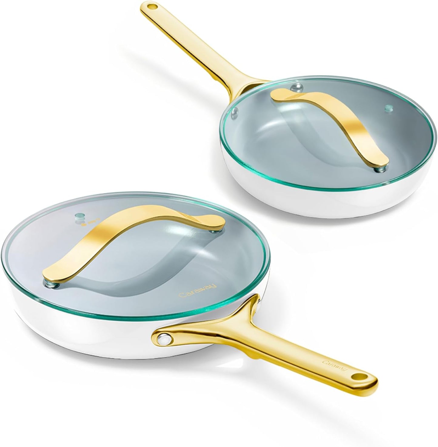 Caraway Ceramic Fry Pan Duo with Glass Lids - Non-Stick Frying Pans (10.5” & 8”) - Non Toxic, PTFE & PFOA Free - Oven Safe & Compatible with All Stovetops – White