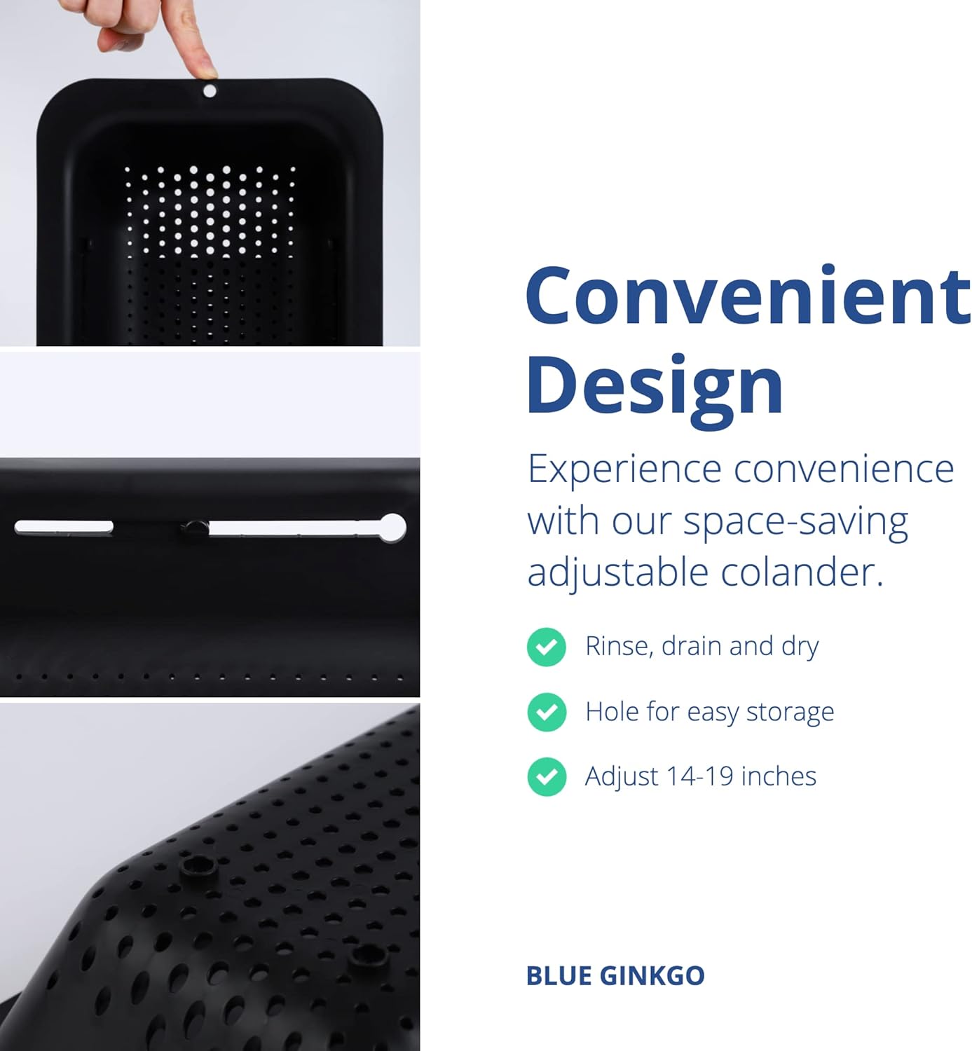 BLUE GINKGO Sink Colander Baskets - (Pack of 2) Wash Vegetables and Fruits, Drain Cooked Pasta and Dry Dishes - Extendable - New Home Kitchen Essentials (2 Black)