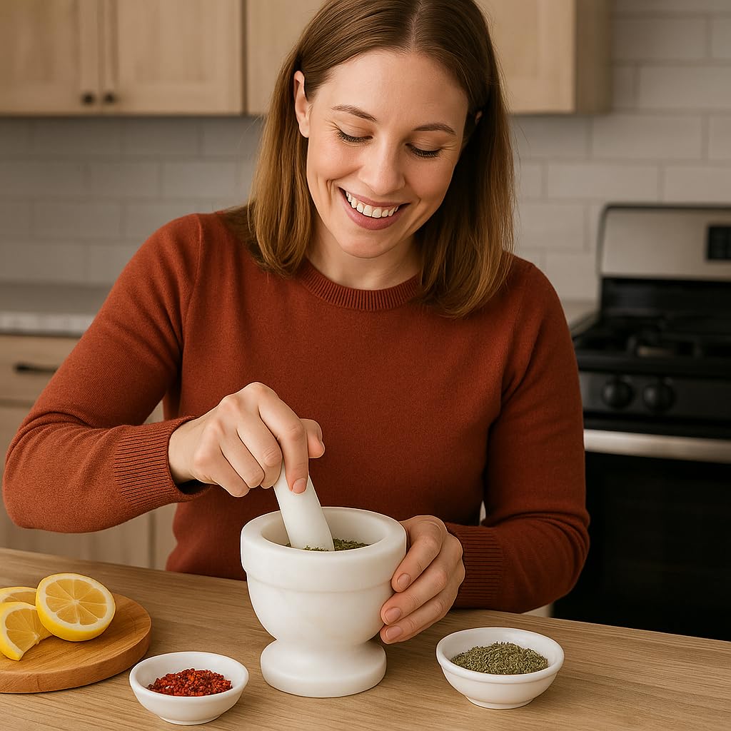 Creative Home Handcrafted Mortar and Pestle Solid Marble Grinder for Spices and Herbs Artisan Carved from Yushan Marble Elegant and Durable for Everyday Cooking, 4 Diam. x 4 H Inch