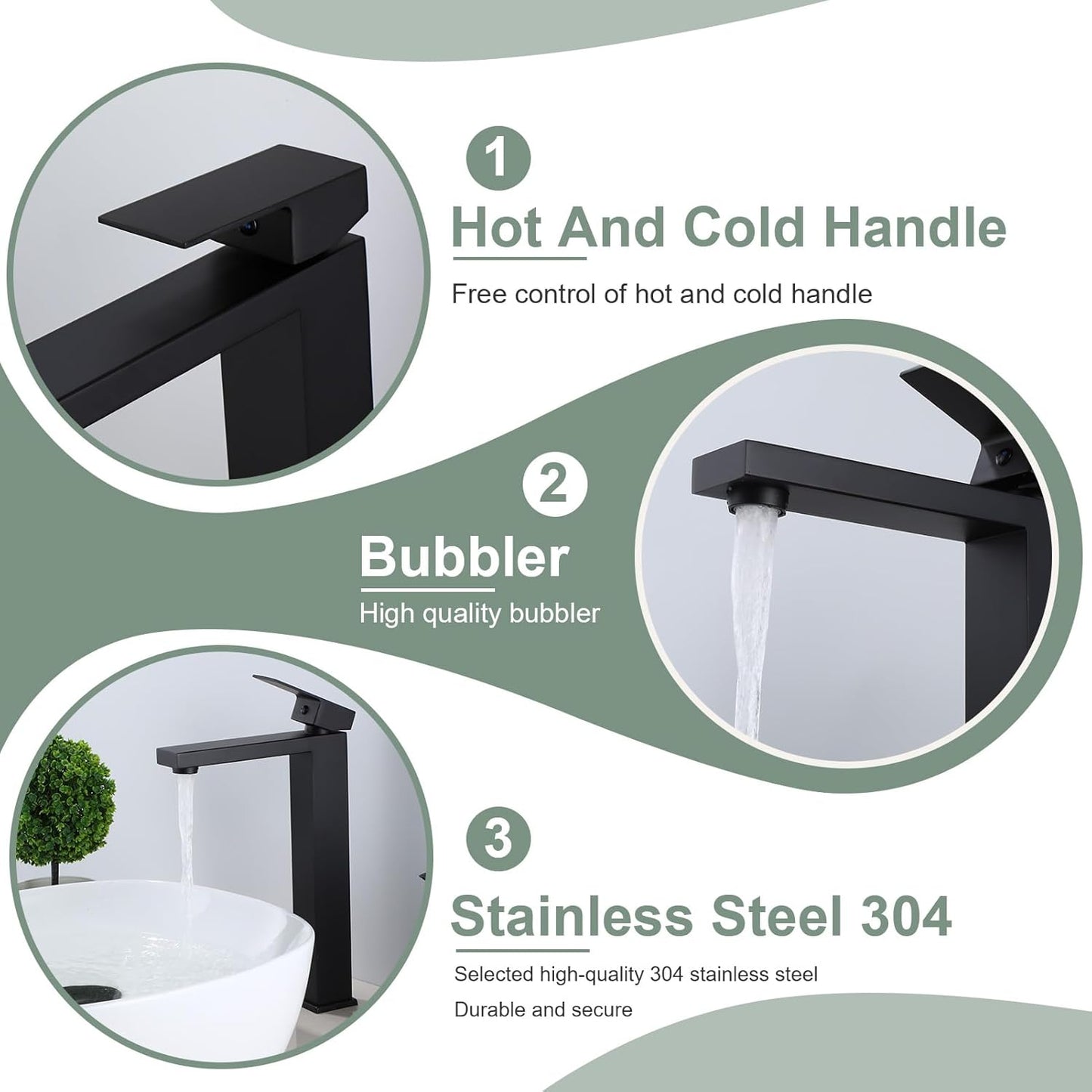 Matte Black Bathroom Faucet Single Handle 1 Hole Tall Bathroom Vessel Sink Faucet, 304 Stainless Steel Modern Vanity Faucet Basin Mixer Tap with Water Supply Hose and Pop Up Sink Drain