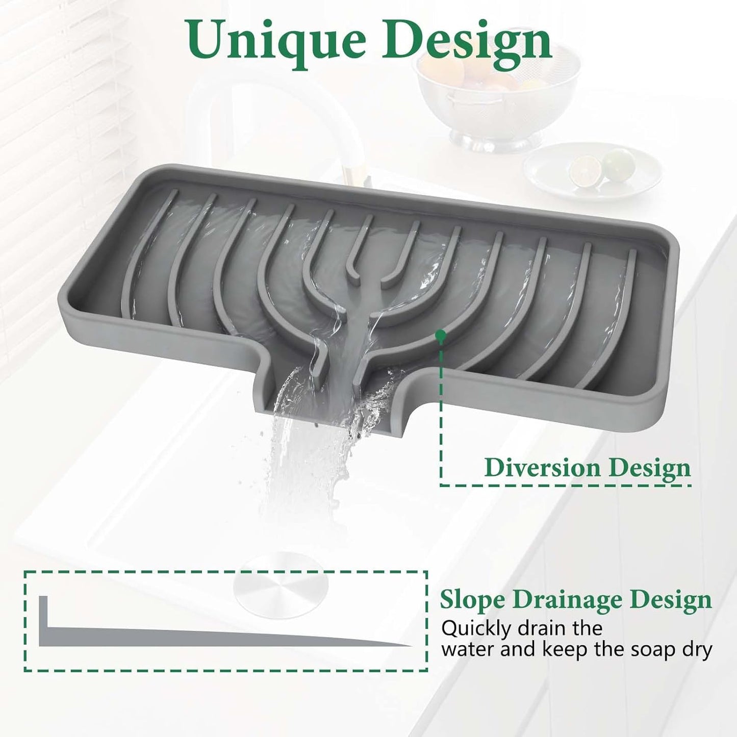 GUUKIN Silicone Sponge Holder, 9.8"×4.9" Sponge Holder for Kitchen Sink, Soap Tray with Drain, Dish Soap Mat for Shower Bathroom（Grey）