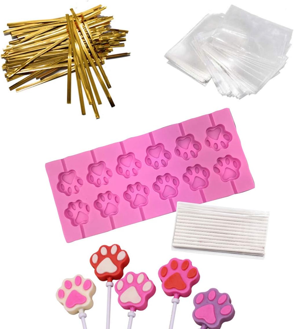 12 Capacity Cat Paw Silicone Lollipop Mold Set, Sucker Molds and Chocolate Hard Candy Mold with 50pcs Lollipop Sucker Sticks, Candy Treat Bags, Gold Ties. (Cat Paw Pink)