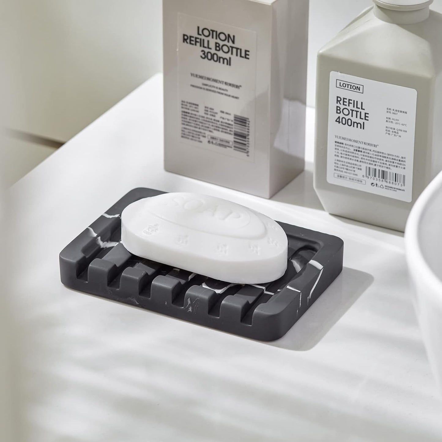 Self Draining Soap Dish - Marble Look Soap Holder Tray Savers Box Container Sponge Holder for Bathroom Shower Kitchen, Black