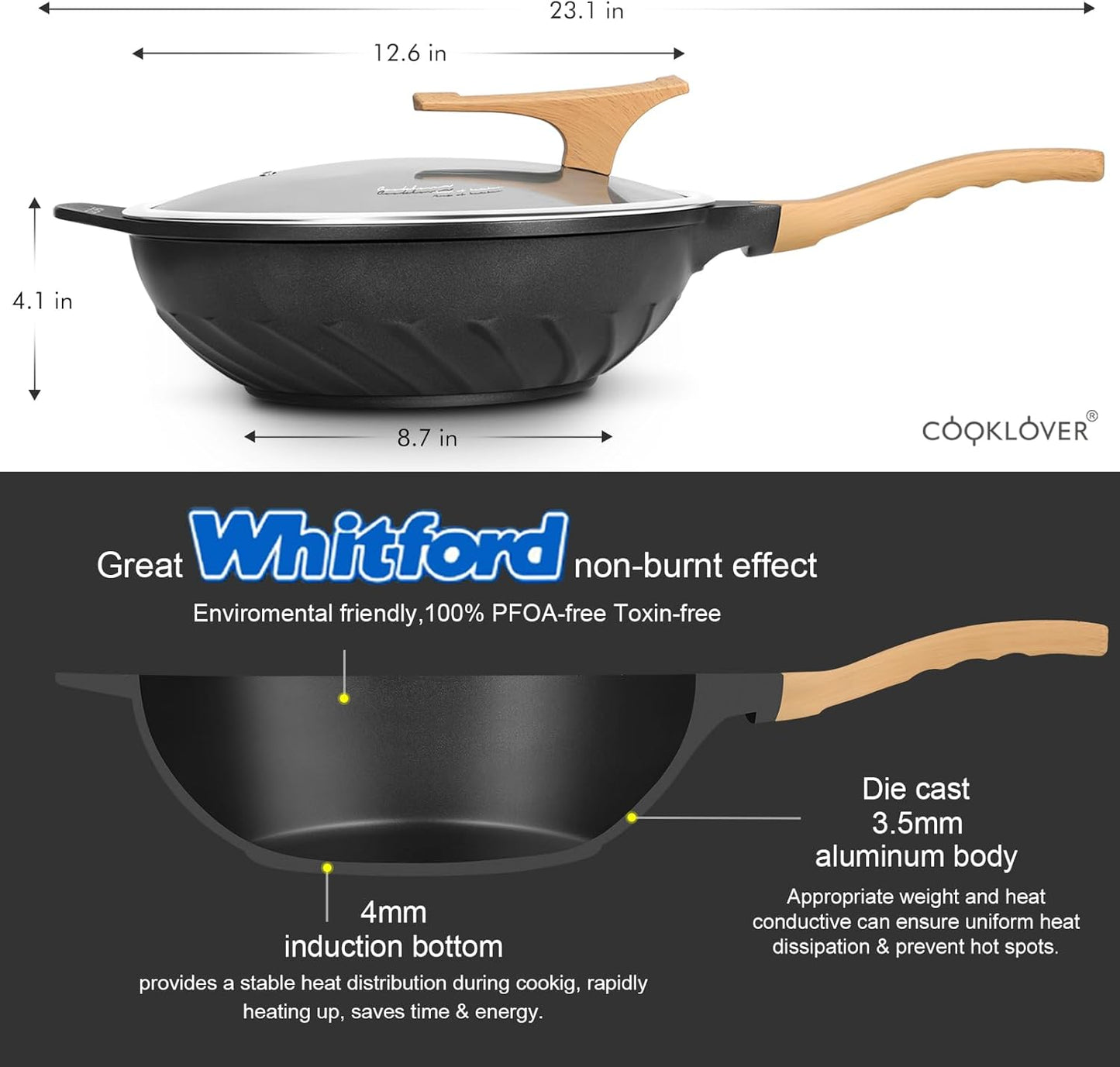 COOKLOVER Nonstick Woks And Stir Fry Pans Die-cast Aluminum Scratch Resistant 100% PFOA Free Induction Wok pan with Lid 12.6 Inch - BK