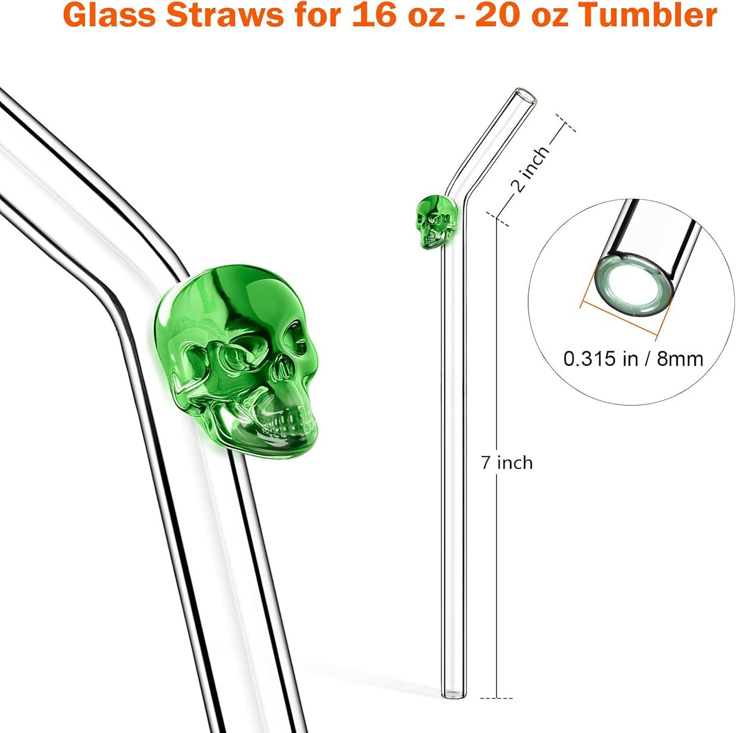 Cute Glass Straws with Charms and Halloween Straws - Reusable Bent Clear Glass Drinking Straws Set with Colored Skull for Silly Crazy Fun Fall Parties & Gift Giving, Include 2 Cleaner Brushes -8mm 9in