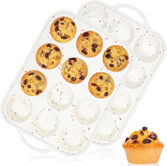 Regular Size Muffin Pan with Metal Reinforced Frame, Silicone Cupcake Pan Easy to Handle Nonstick 12 Cups Silicone Muffin Pans for Baking BPA Free 2 Pack