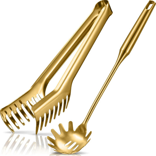 Patelai 2 Pcs Stainless Steel Pasta Spoon with Teeth Large Spaghetti Utensil, 9.4'' Tong and 13.6'' Pasta Fork with Vacuum Handle, Comfortable Grip Design Spoons for Kitchen