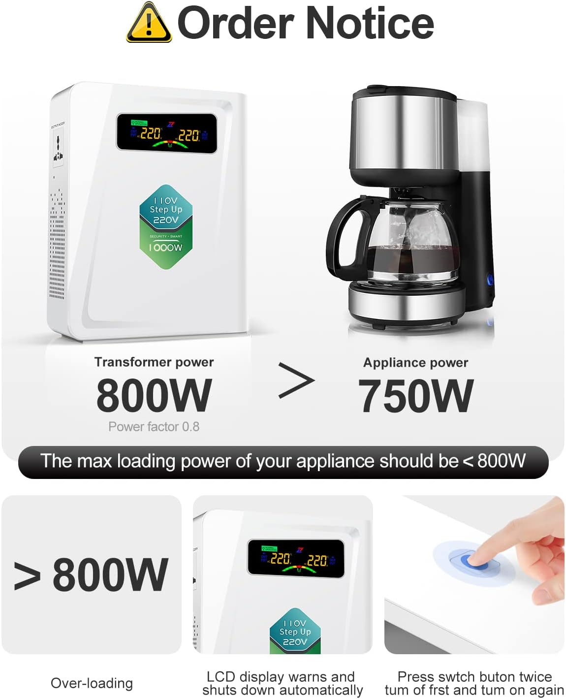 120v to 240v Step Up Transformer 1000W, 110v to 220v Power Voltage Converters, No Noise, Ten Protection Functions, Suit for Coffee Machines, Rice Cookers and Other Appliances