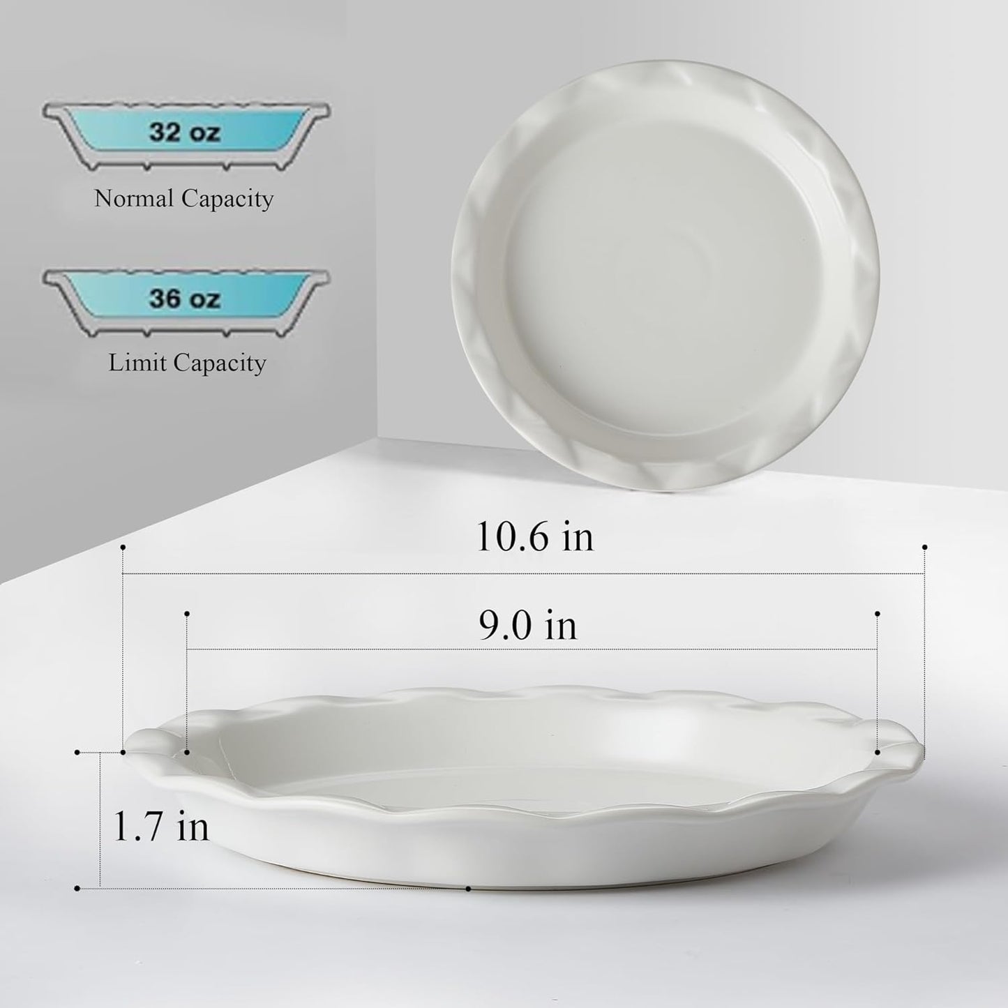 Lareina Ceramic Pie Pans for Baking, 9 Inches Pie Plate for Apple Pie, 36 Ounce Round Baking Dish, Set of 2, Thanksgiving day Gifts for Women, White