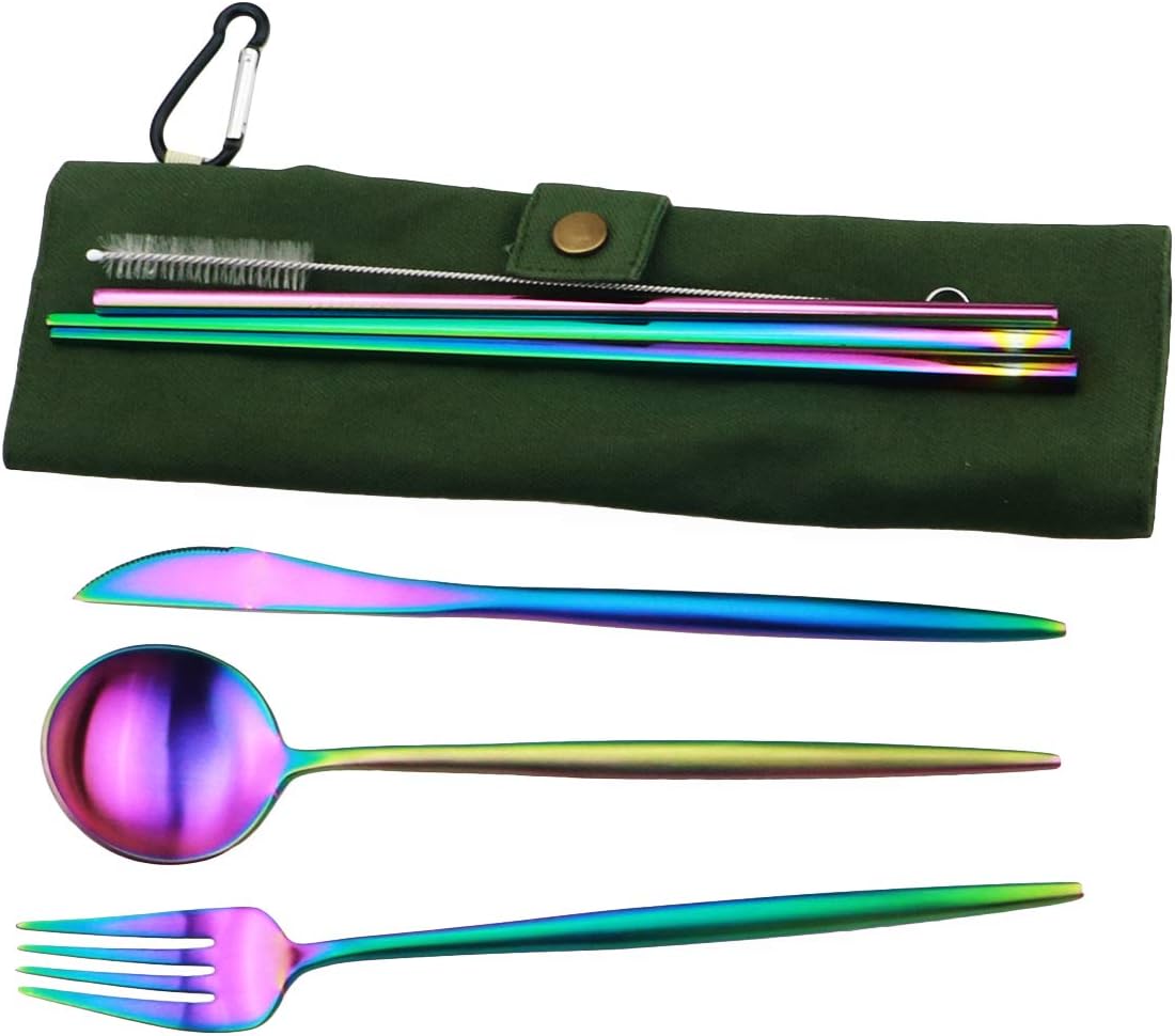 Gugrida Reusable Travel Utensils, 7 Piece Portable 304 Stainless Steel including Knife Fork Spoon Chopsticks Cleaning Brush Straws Portable Pouch, Eco-friendly Camping Silverware Set, Dishwasher Safe
