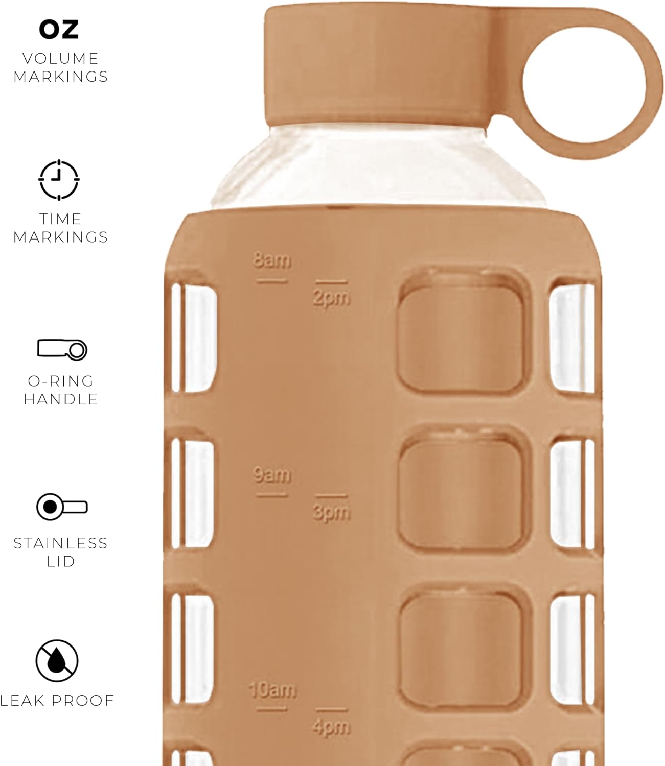 purifyou 40oz / 32oz / 22oz / 12oz Borosilicate Glass Water Bottle with Time & Volume Markers, Silicone Sleeve, Stainless Steel Lid – Reusable Glass Bottle for Water & Juice (32oz Iced Coffee)