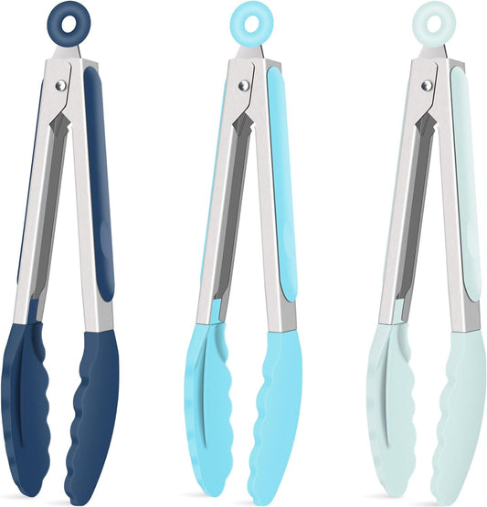 Hotec Silicone Kitchen Tongs for Cooking 9-Inch Serving Tongs with Silicone Tips, Set of 3 (Gradient Blue)