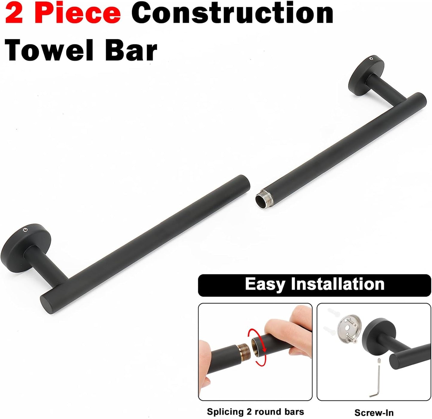 NearMoon Bath Towel Bar, Bath Accessories Thicken Stainless Steel Shower Towel Rack for Bathroom, Towel Holder Wall Mounted (1 Pack, Matte Black, 24 Inch)