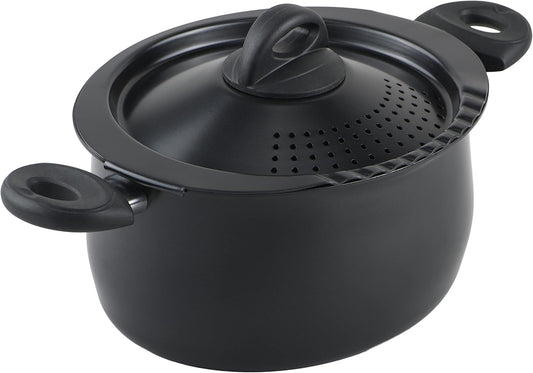 Bialetti 5.5-Quart Nonstick Aluminum Pasta Pot with Strainer Lid and Handles, PFOA-Free Nonstick Oval Cooking Pot and Lid, Black