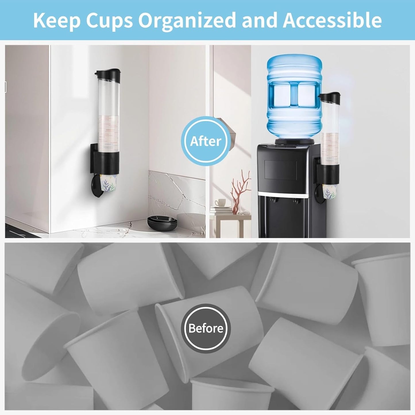 Disposable Paper Cup Dispenser, Wall-Mounted Cup Organizer for Water Coolers, Pull-Type Paper Cup Holder with Adhesive and Screws, Compatible with 5oz-7oz Cups