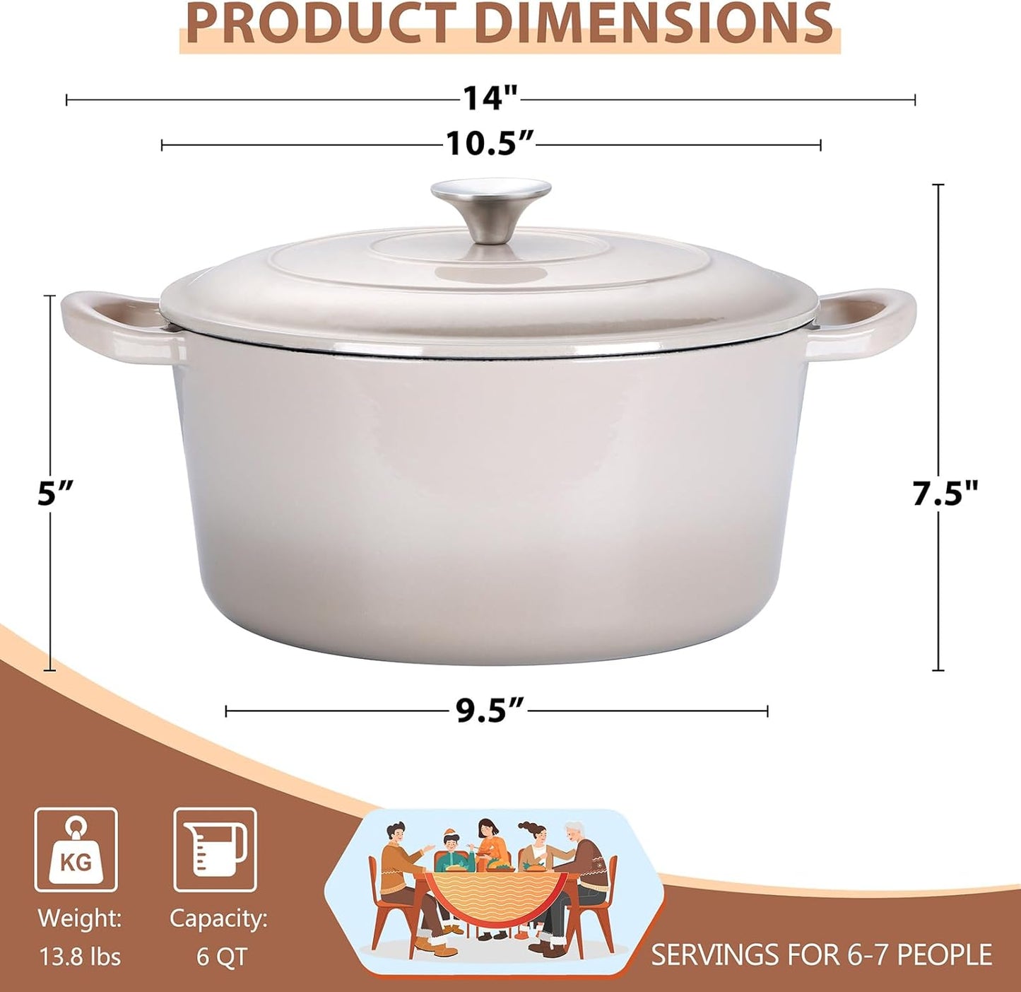 E-far 6 Quart Enameled Cast Iron Dutch Oven, Round Dutch Oven Pot with Lid, Nonstick Cookware for Braising/Stews/Roasting/Bread Baking/Cooking, Heavy Duty, Induction & Oven Safe - Khaki