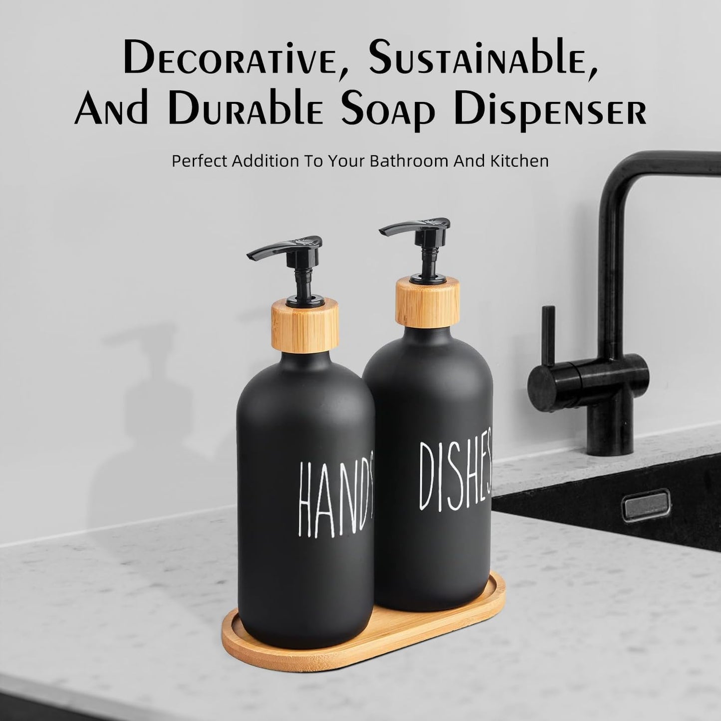 Arktek Glass Soap Dispenser Set with Tray, 2 Pack Hand and Dish Soap Dispenser Set for Bathroom and Kitchen Bottle Dispenser with Dish Soap, Hand Soap, Lotion 17 Oz (2 Black)