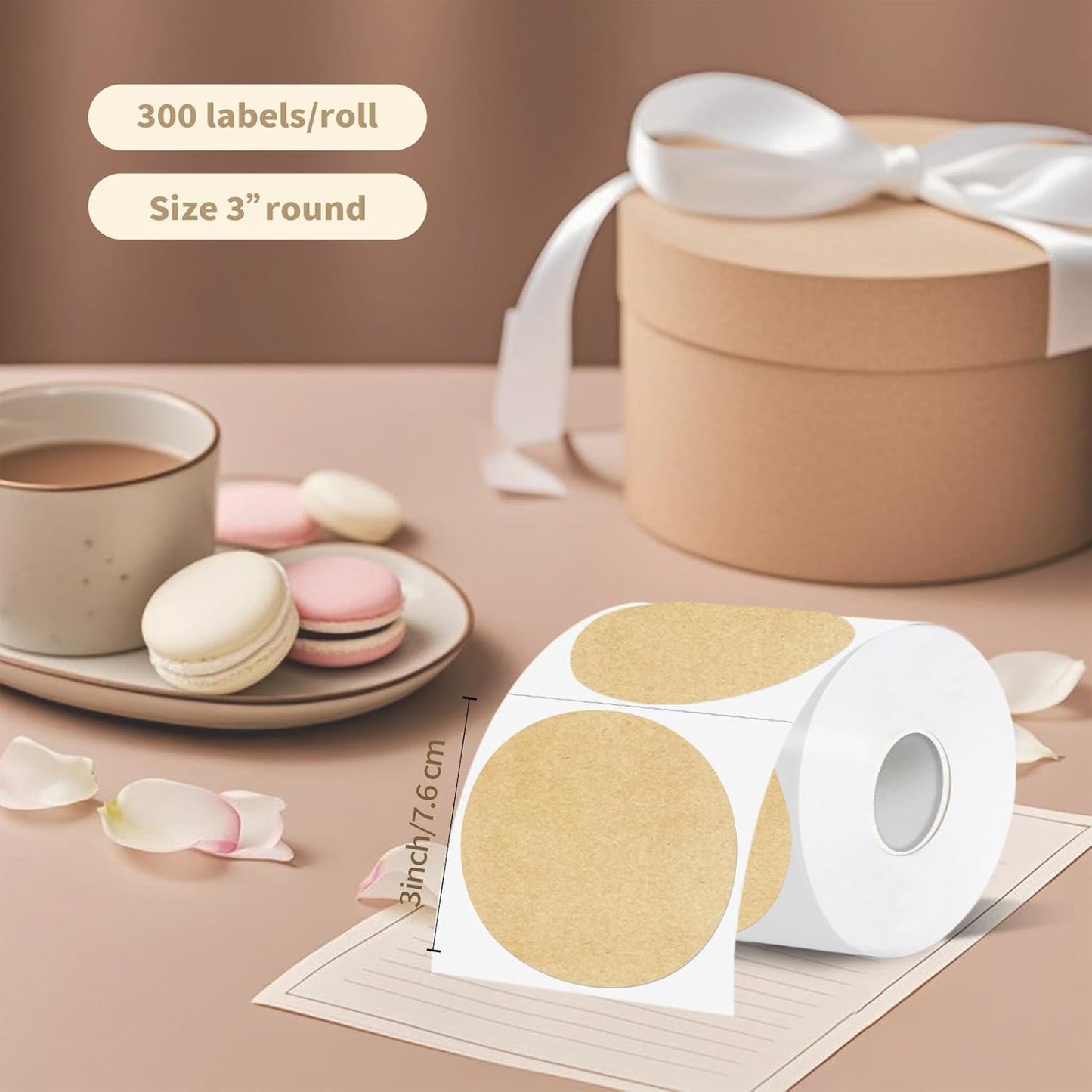 Thermal Label,3 Inch Kraft Paper Round Thermal Printer Sticker,Self-Adhesive Round Direct Thermal Labels,Thermal Stickers for DIY Logo Design,Name Tag (300 Labels/1 Roll)
