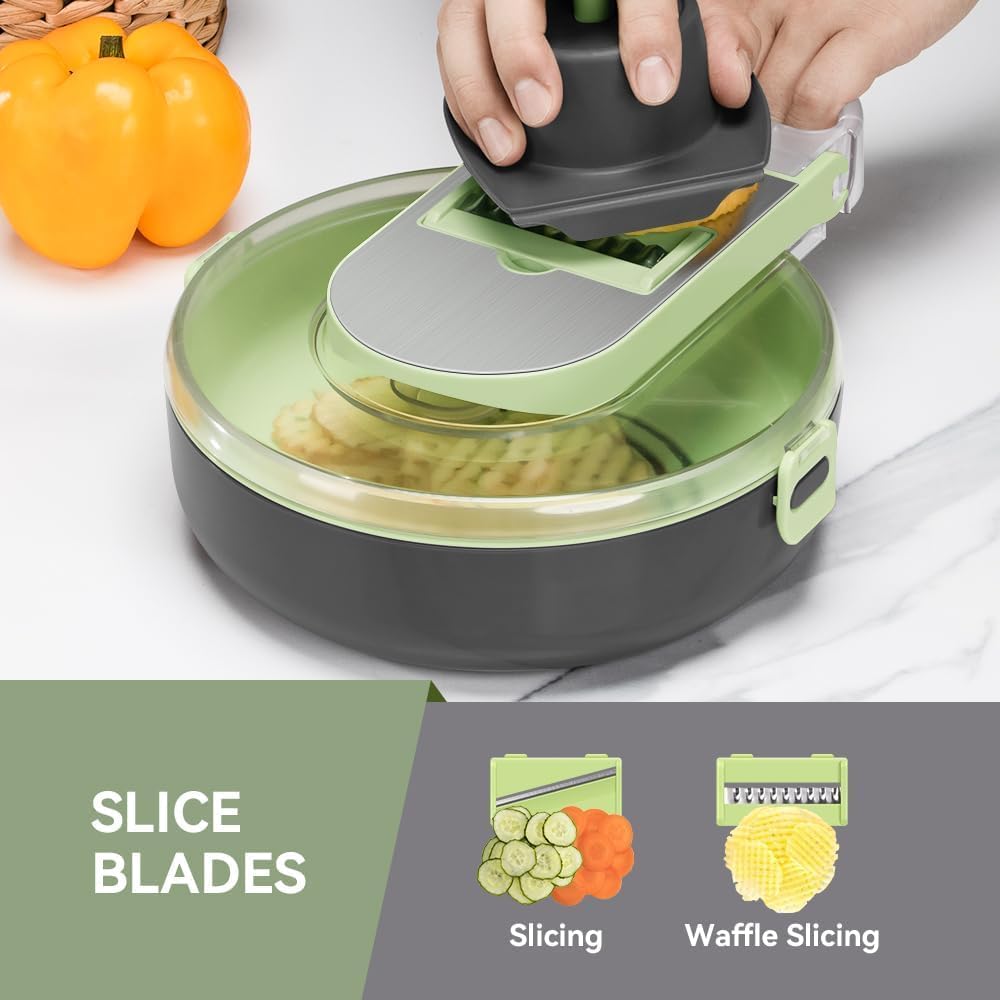 KEOUKE Vegetable Chopper Mandoline Slicer Round - 13 in 1 Interchangeable Blades Food Chopper with Container, Hand Guard & Drainer, Veggie Dicer Kitchen Gadget for Onion, Cucumber, Tomato, Fruit
