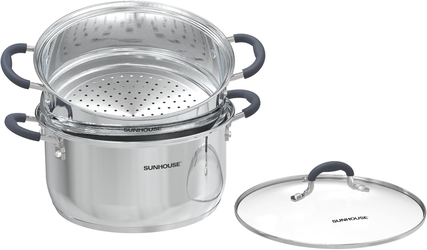 Sunhouse - 3.1 Quarts Steamer Pots With Lid 2-Tier Multipurpose Stainless Steel Steaming Pot Cookware For Vegetable, Dumpling, Sauce, Food - Triple Bottom, Measurement Line