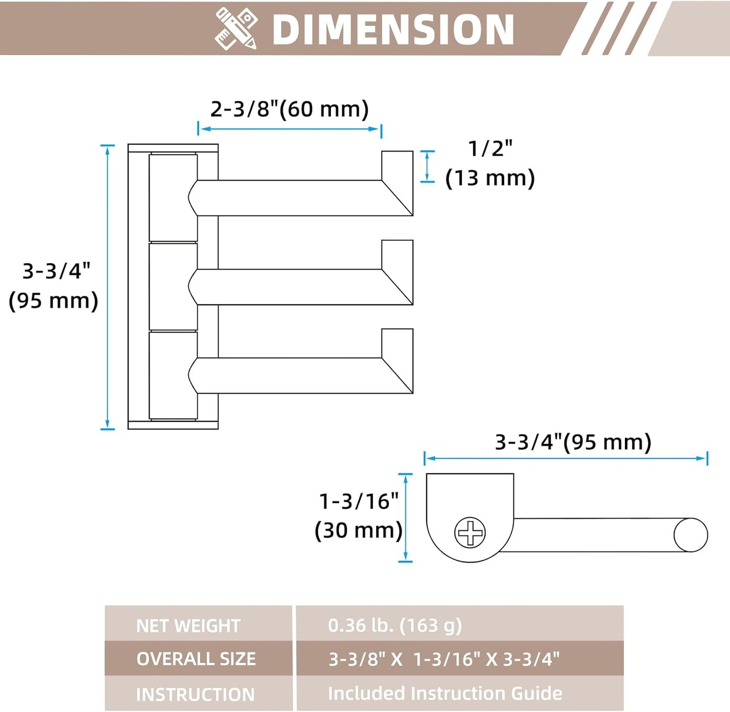 Suyar Towel Hook for Bathroom, SUS 304 Stainless Steel Swivel Robe Holder with 3 Arms, Wall Hook Brushed Nickel, 2 Pack