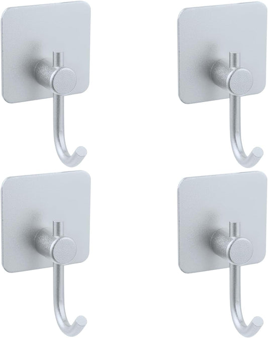 Aluminum Wall Hooks, No Drill Damage-Free Adhesive Hook, Product for Hanging Heavy Duty for Bathroom Kitchen Home (Curved Square Sliver Hook, 4)