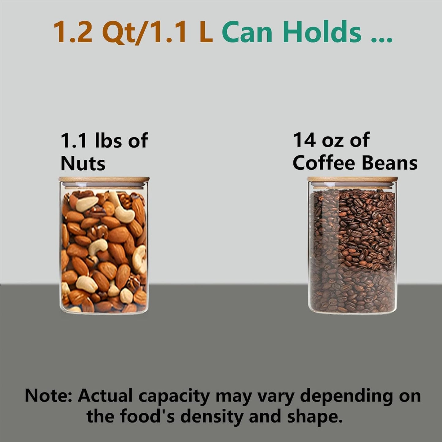 1.2 Qt Square Glass Storage Containers with Lids, glass jar with airtight lid, Glass Canister for Pantry Cookie Flour Cereal Rice Sugar Tea Coffee Beans Spice, Square Set of 4