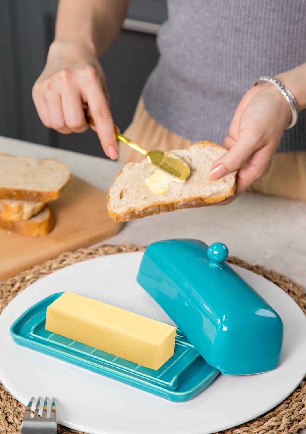 Nucookery Ceramic Butter Dish with Lid for Countertop, Butter Holder with Raised Non-Slip Strip, Keeper and Container for 1 Stick, Easy to Clean & Dishwasher Safe, Royal Blue