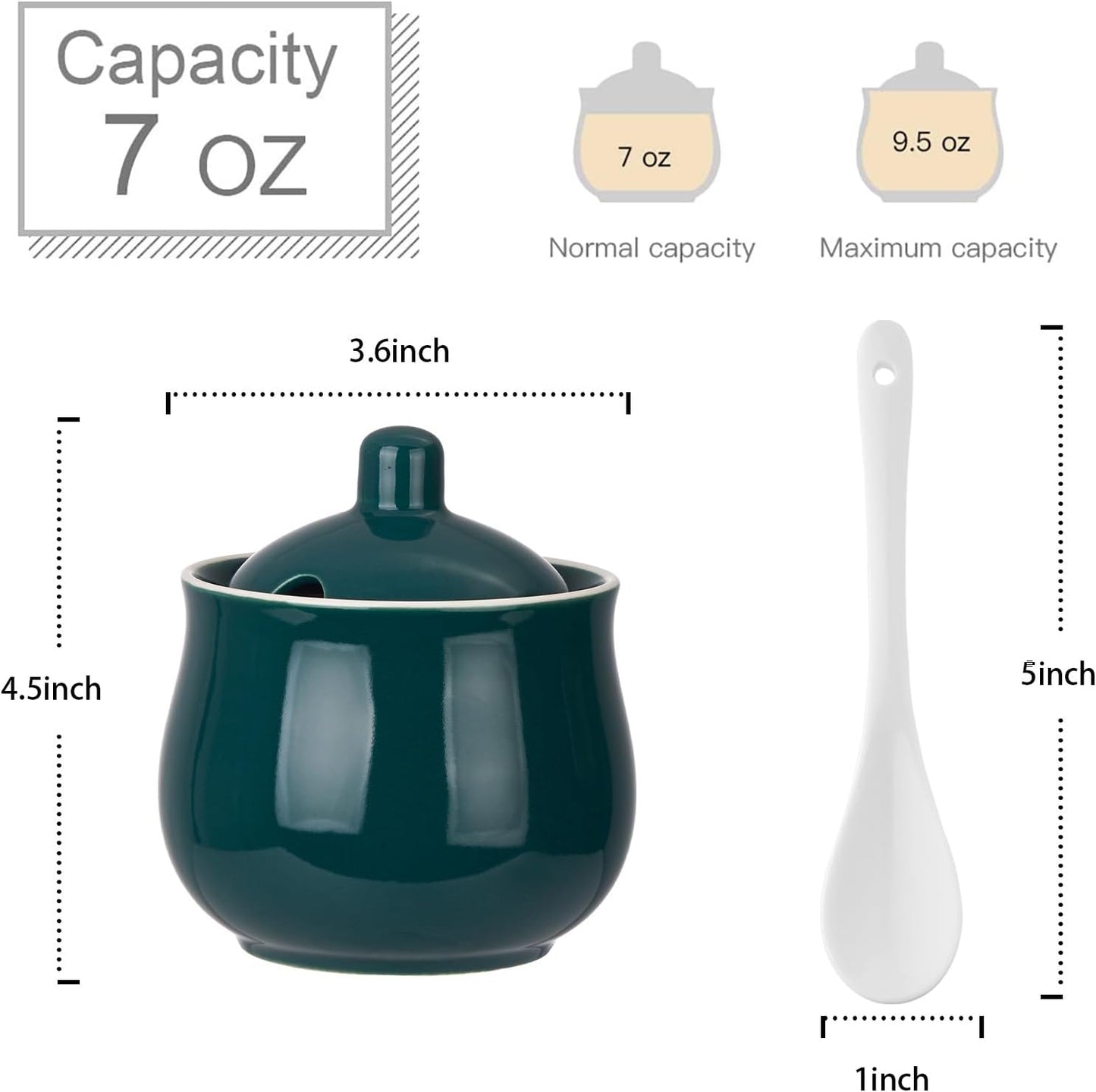 Ceramic Sugar Bowl with Lid and Spoon, Green Porcelain Sugar Salt Pepper Storage Jar, 8 Ounces