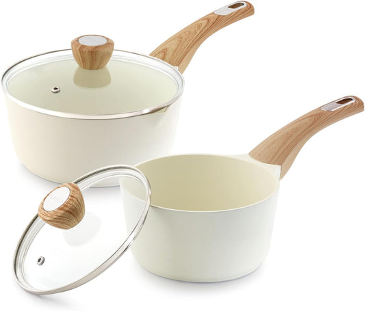 SENSARTE 1.5 & 2.5 Quart Ceramic Sauce Pan Sets with Lid, Cooking Pots Set, Nonstick Saucepan Set with Pour Spout, Small Kitchen Pot, Non toxic Saucepot, Induction Comptable, PFOA PTFE PFAS Free
