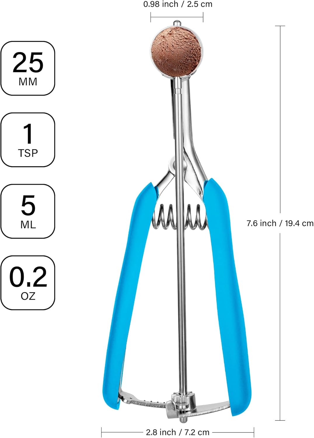 TJ POP Extra Small Cookie Scoop, 1 Tsp Cookie Scoop, Mini Ice Cream Scoop for Melon Baller, Cookie Dough, 0.2oz/ 25mm, Easy Squeeze & Release, Sky Blue