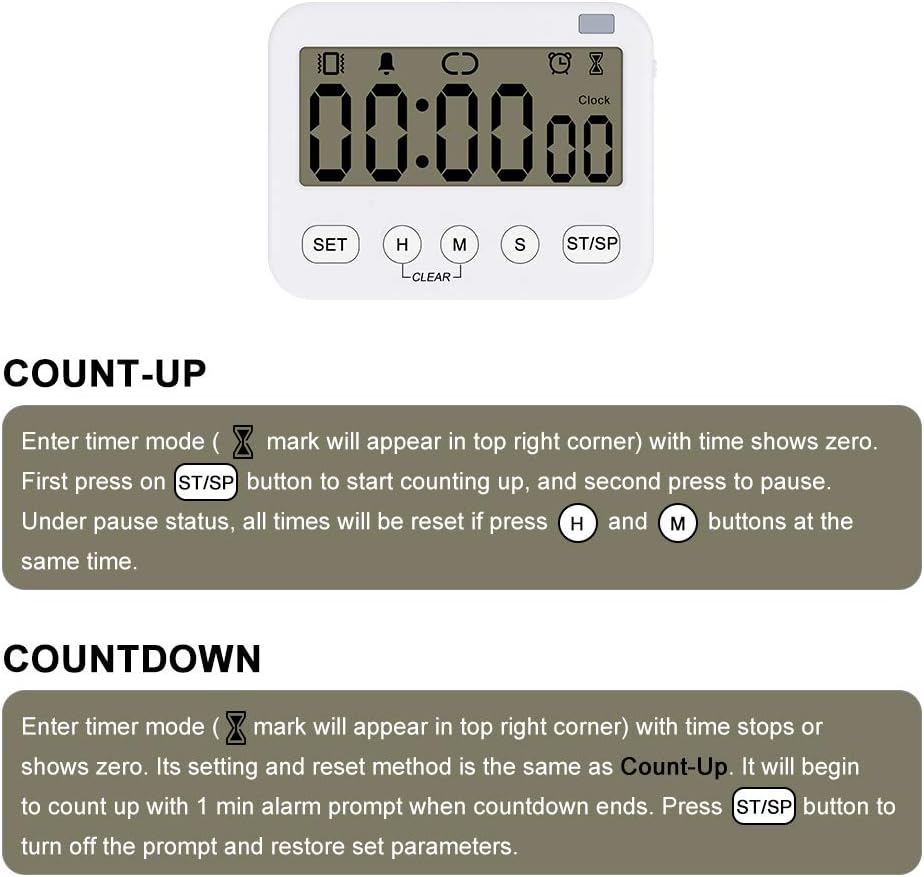 Stonylab 2pk Digital Timer Clock, 2 Pack Premium Multi-Function Digital Clock Countdown Timer Kitchen Event Timer with Alarm, Magnetic Back Big Digits Display Vibration/Flashlight/Sound Alarm