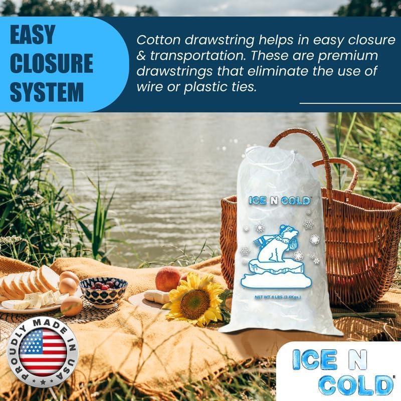 Ice Bags with Drawstring Closure | 20lb, 250ct/cs | 50 mic Thickness | Portable Storage and Freezer Keeper