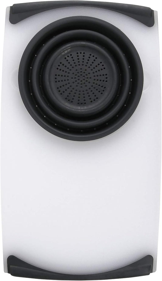 Dexas Over the Sink Poly Cutting Board with Collapsible Colander Strainer, 11.5 x 20", Natural/Gray