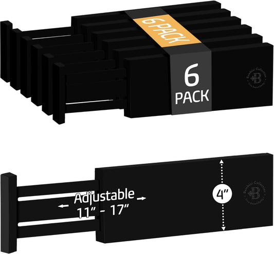 6 Pack Drawer Dividers 4 Inch High, 11”-17" Adjustable Bamboo Organizers Large Expandable Drawer Separators for Cloths, Dresser, Bedroom, Bathroom, Baby Drawer, Office & Kitchen Utensils (Black)