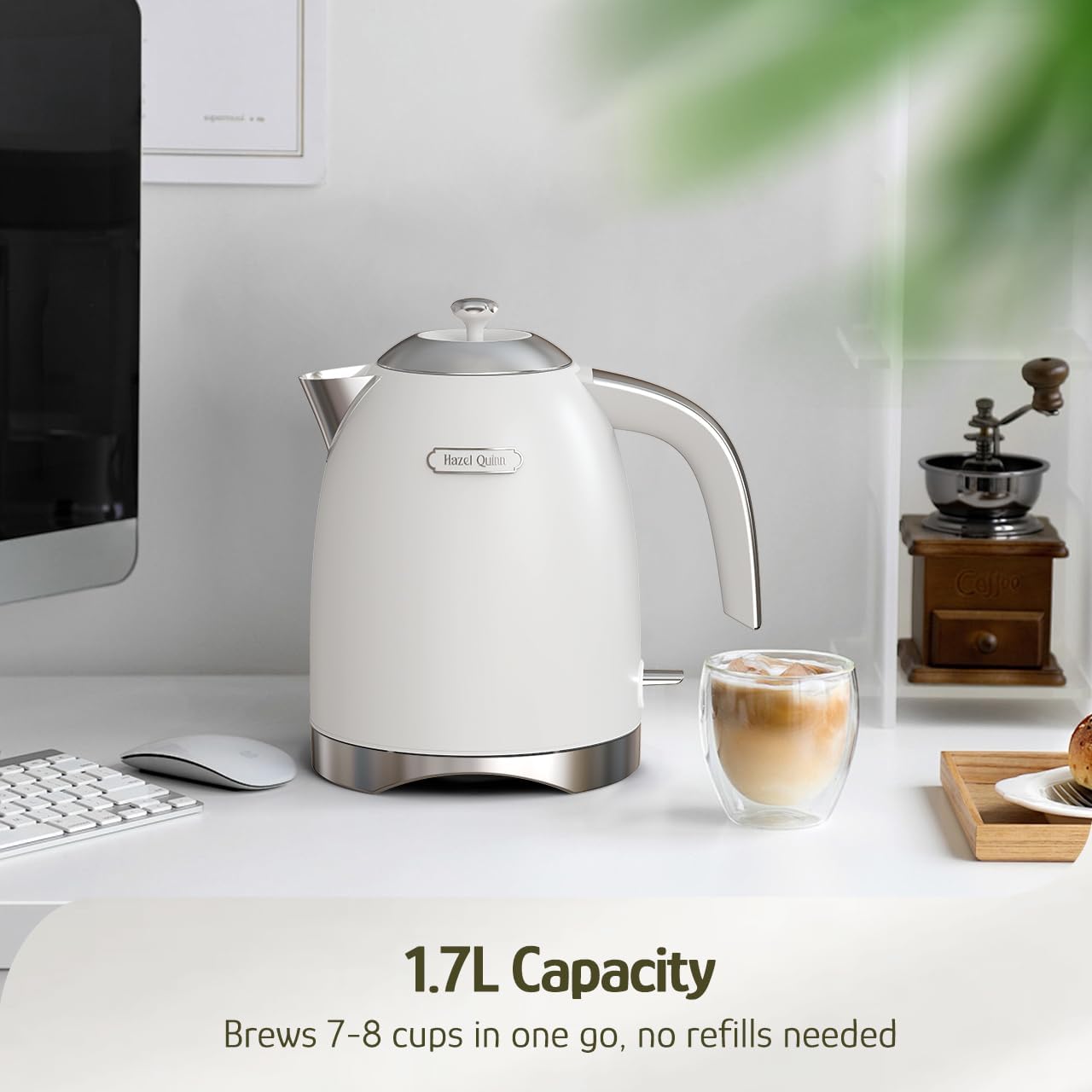 Hazel Quinn Electric Kettle - 1.7 Liters (57oz) Stainless Steel Water Kettle, BPA-Free Interior, 1200W Fast Boiling, Cordless, Rotational Base, Automatic Shut Off & One-Touch LED - Pearl White