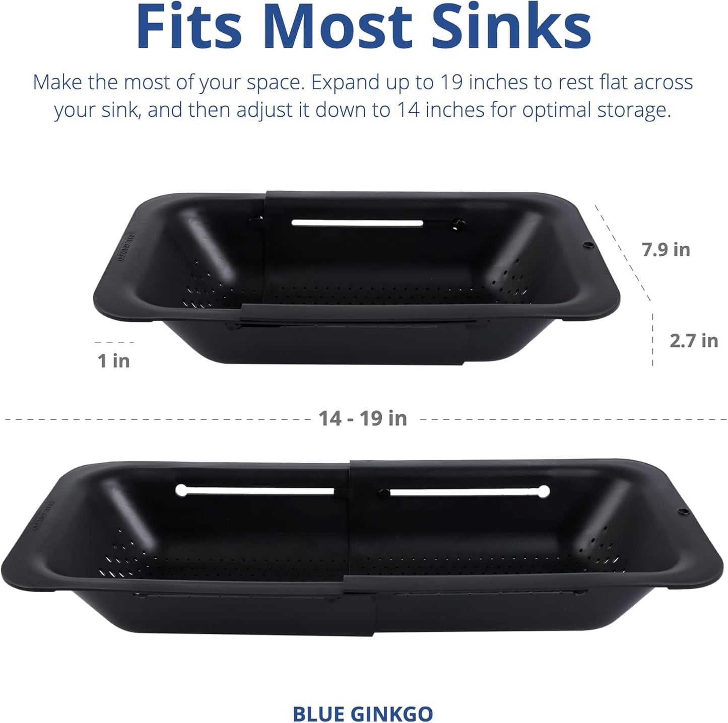 BLUE GINKGO Over the Sink Colander Strainer Basket - Wash Vegetables and Fruits, Drain Cooked Pasta and Dry Dishes - Extendable - New Home Kitchen Essentials - Black