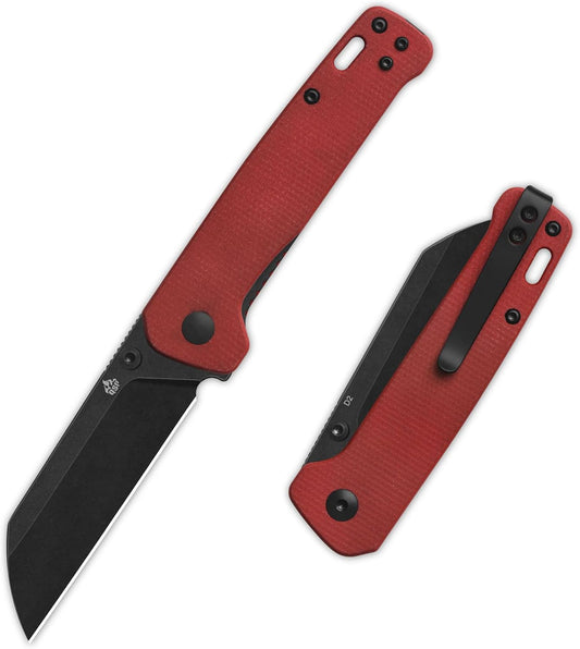 QSP Penguin V2 Folding Pocket Knife, 3.06" D2 Black Stonewash Blade EDC Knife, Red Micarta Handle, Liner Lock, Ceramic Ball Bearings, Reversible SS Deep Carry Clip