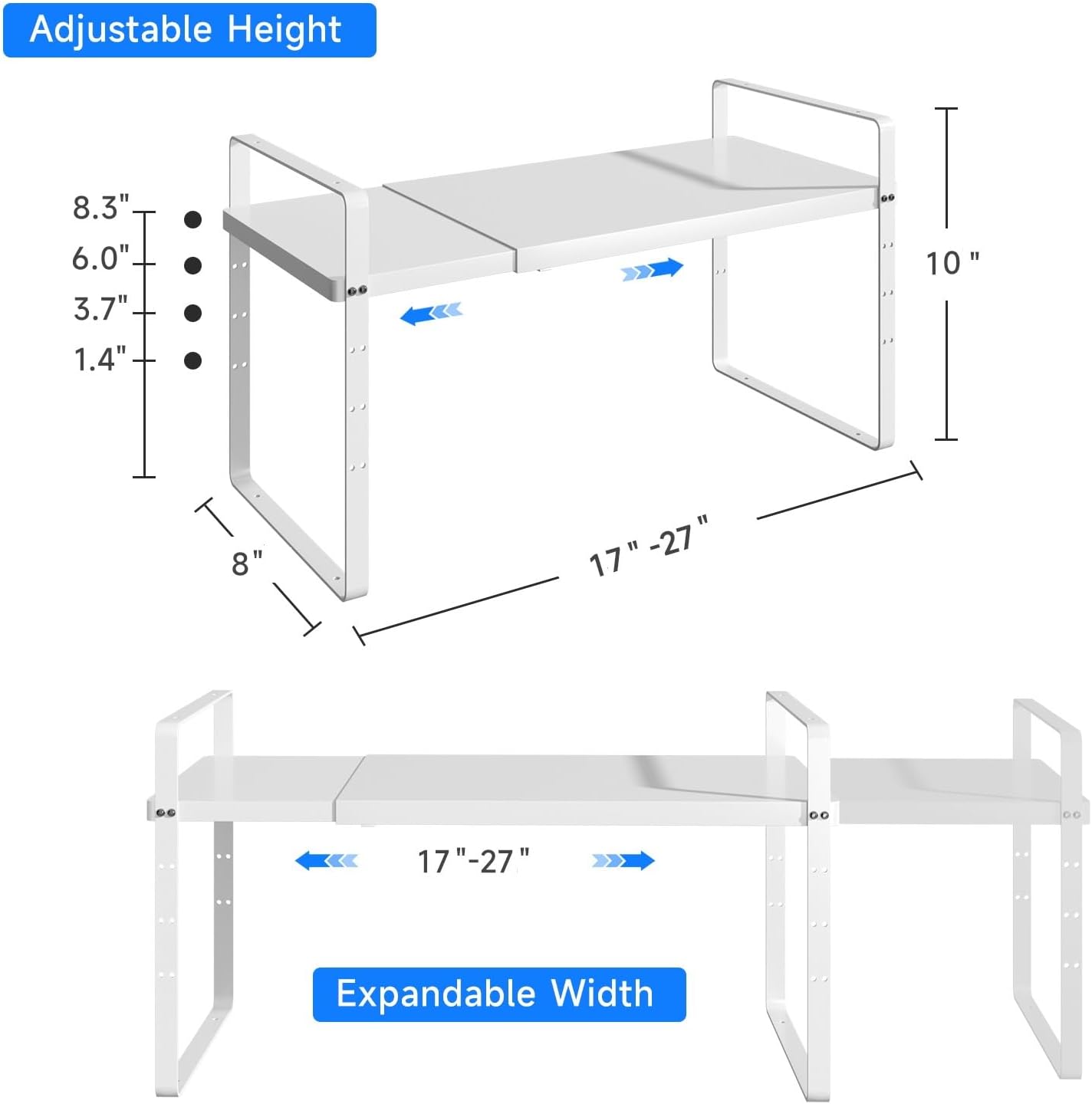 Expandable Cabinet Shelf Organizer, Stackable Kitchen Pantry Counter Storage, Adjustable Closet Cupboard Stand Rack Risers Spice Organization 80LBS Heavy Duty White 2 Pack