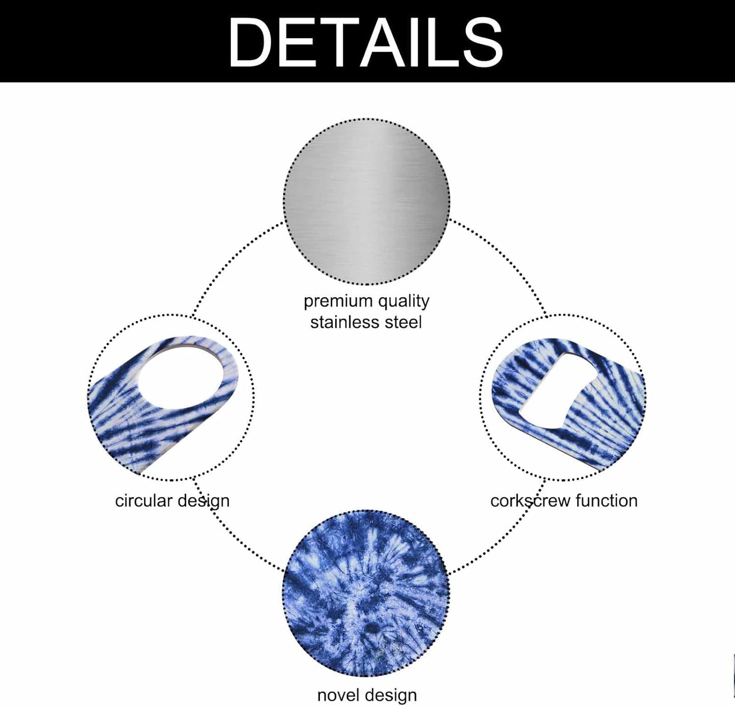 Tie Dye Pattern Stainless Steel Bottle Opener Dark Blue White Spiral Circle Swirl Batik Flat Beer Bottle Opener Keychain for Home Kitchen Bar Restaurant Party Birthday Gift