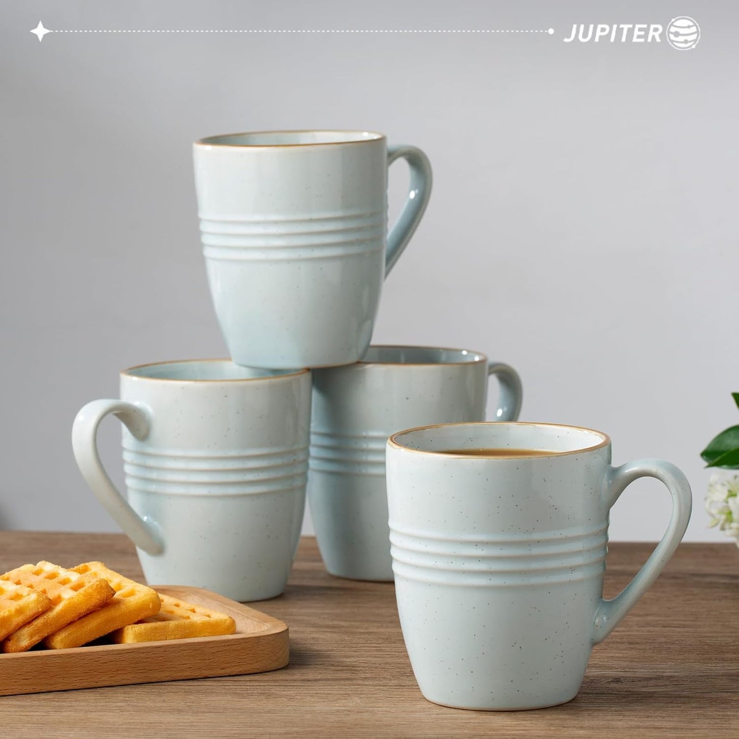 famiware Jupiter Coffee Mugs Set of 4, 14 OZ Coffee Mug, Microwave and Dishwasher Safe, Coffee Cups with Handle for Coffee, Tea, Cocoa, Milk, Light Blue