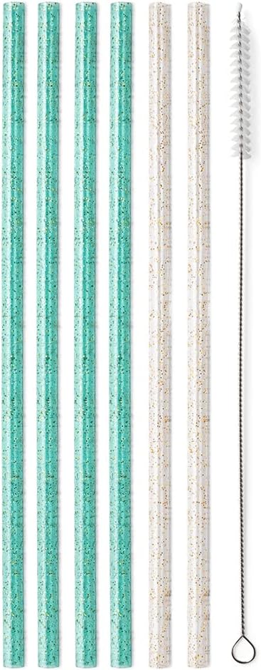 Swig Life Reusable Straws Glitter Clear + Aqua Tall Straw Set & Cleaning Brush, Each Straw is 10.25 inch Long (Fits Swig Life 20oz Tumblers, 22oz, and 32oz Tumblers)