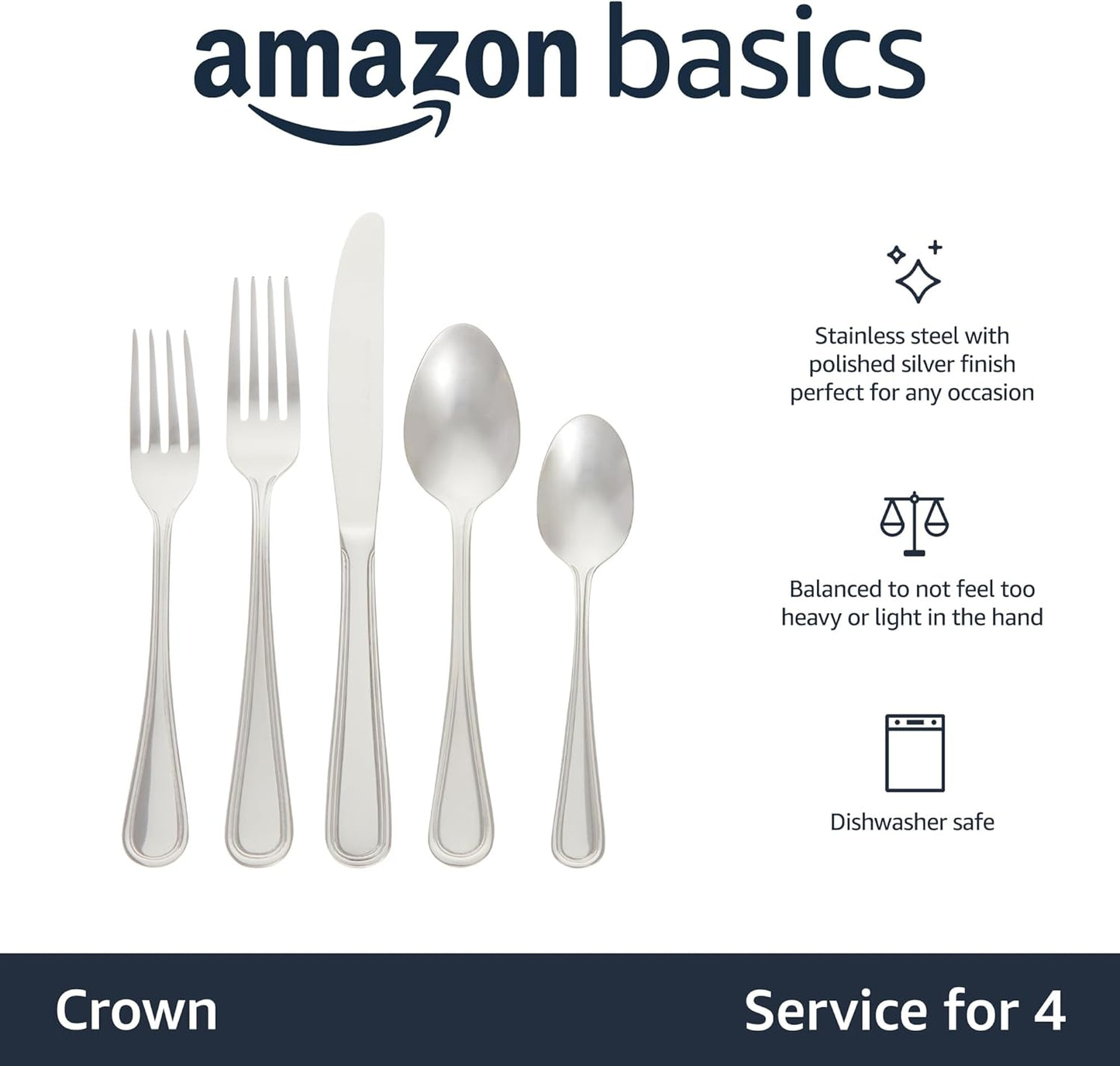 Amazon Basics Silverware Set, Stainless Steel Flatware, Dishwasher Safe, Service for 4, 20-Piece Forks and Spoons, Crown Edge