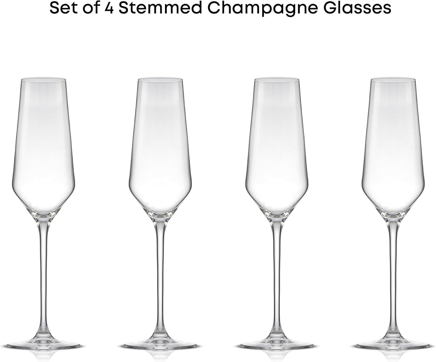JoyJolt Champagne Glasses Layla Collection, Set of 4 – 6.7 oz Elegant Crystal Stemmed Champagne Flutes for Prosecco, Sparkling Wine, Mimosas, Cocktails, Weddings, Anniversaries, Parties