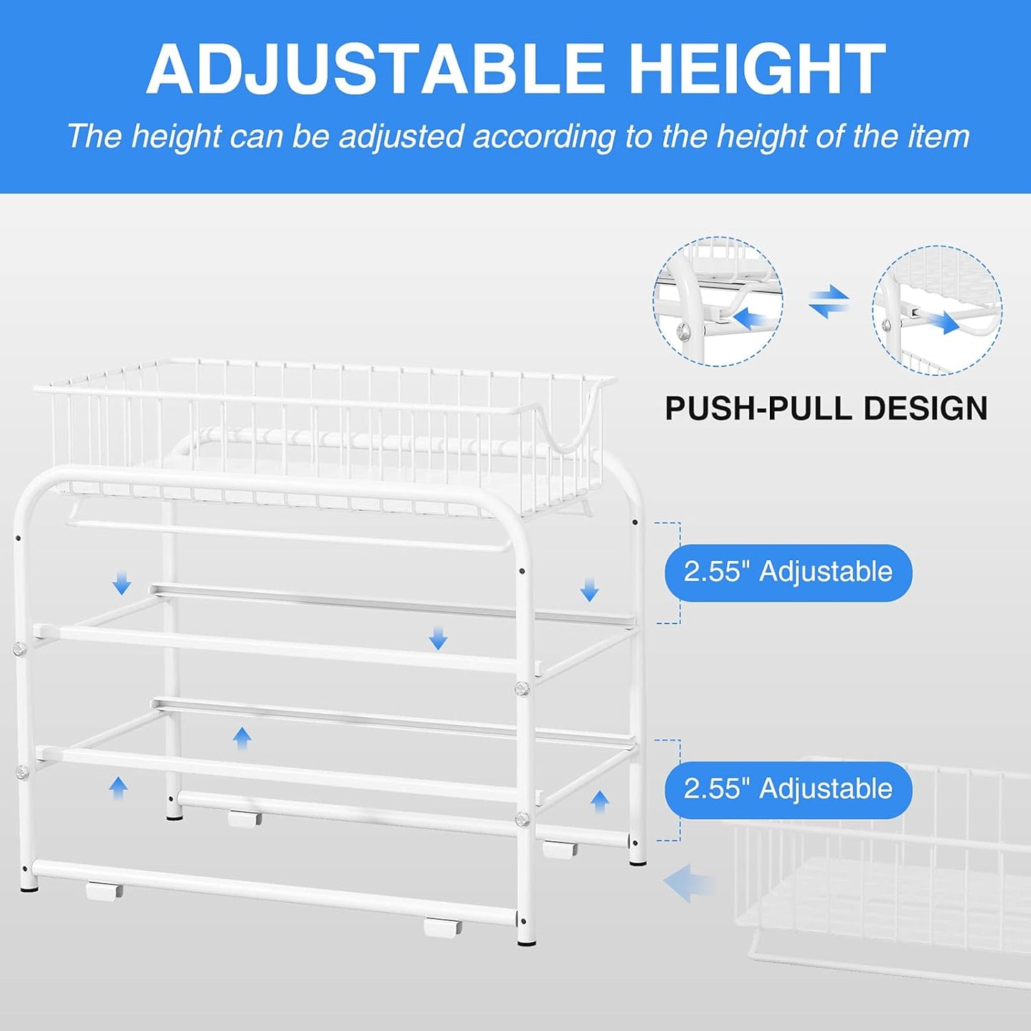 AIYAKA 2 Tier Stackable Sliding Basket Organizer Drawer For Kitchen And Bathroom/Cabinet Drawers,White